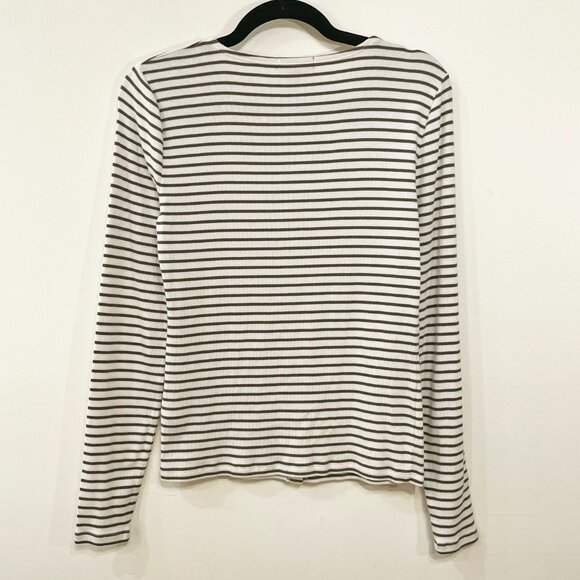 New J.Crew Cotton Modal Striped Ribbed Cardigan Olive White Medium - Picture 4 of 7